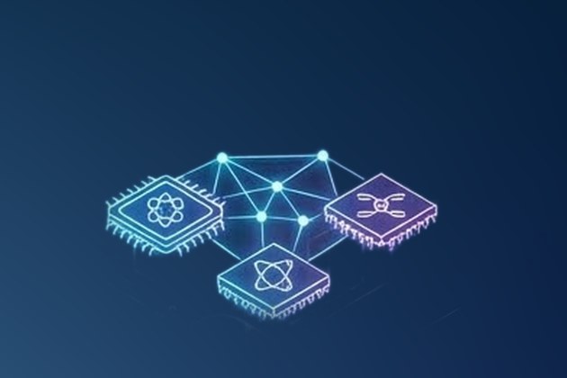 Three quantum processors linked in a glowing network